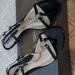 Via Spiga black patent leather with silver chain sandals